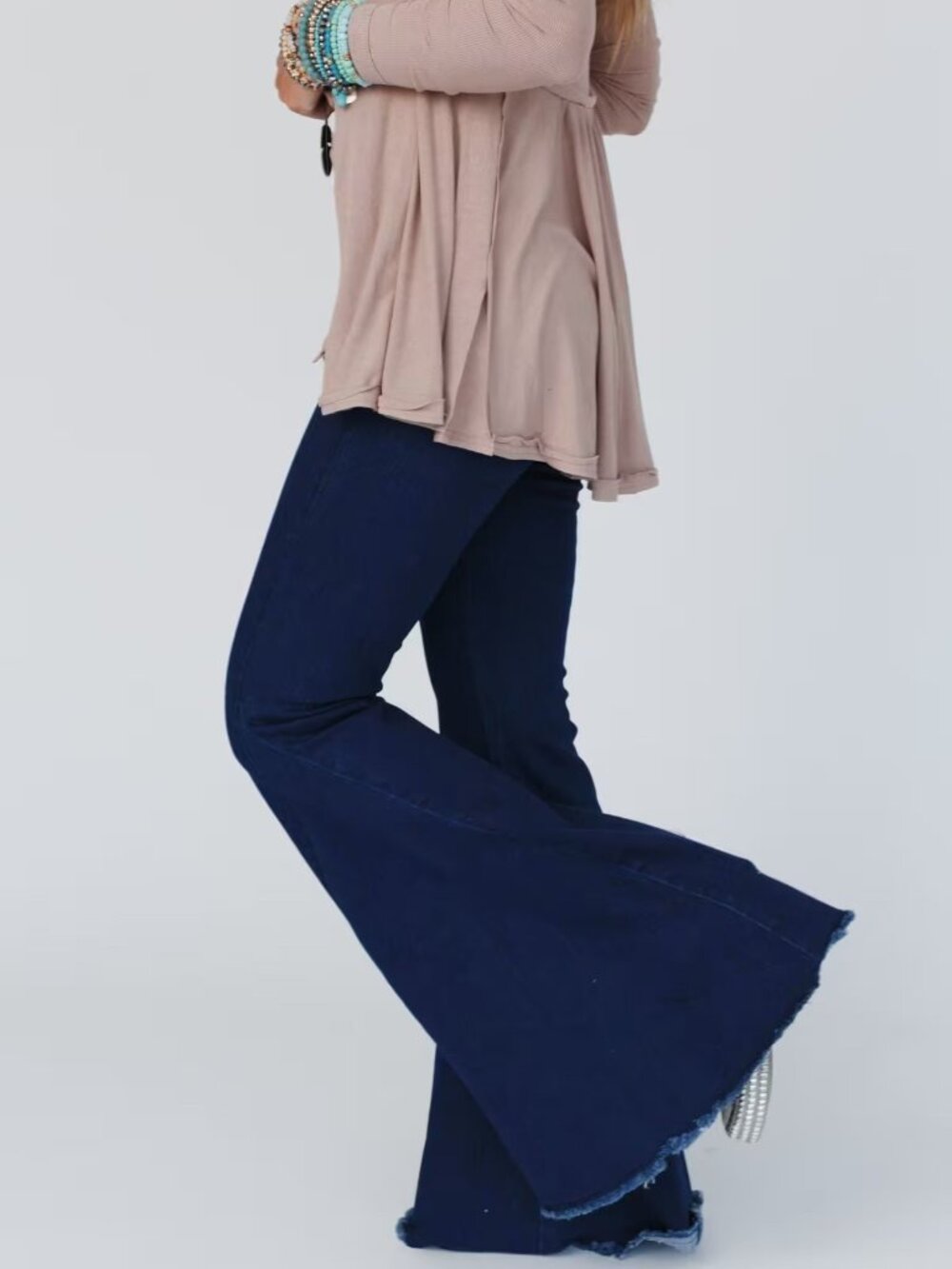 Three Bird Nest Navy Blue Knit Flared Pants